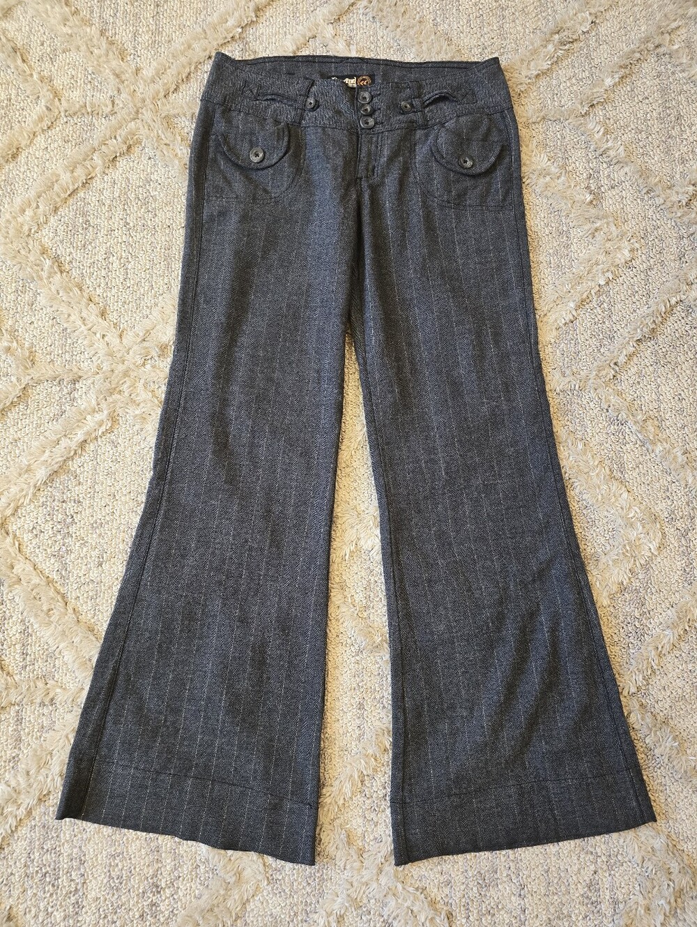 Y2K Rewind Low Rise Gray Gold Pinstripe Flare Pants Trousers Size 11 2000s
